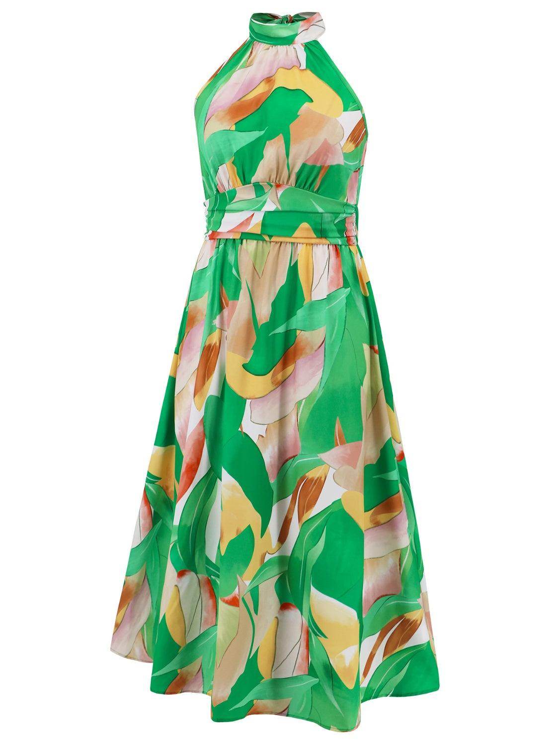 Ruched Printed Halter Neck Dress - StyleLure