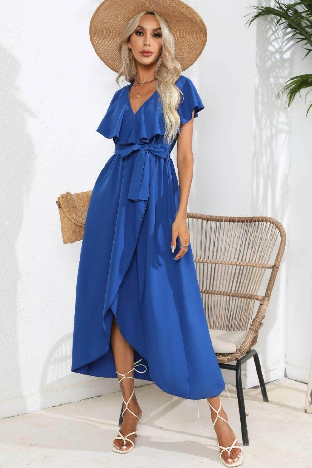 Ruffled Tied V-Neck Midi Dress - StyleLure
