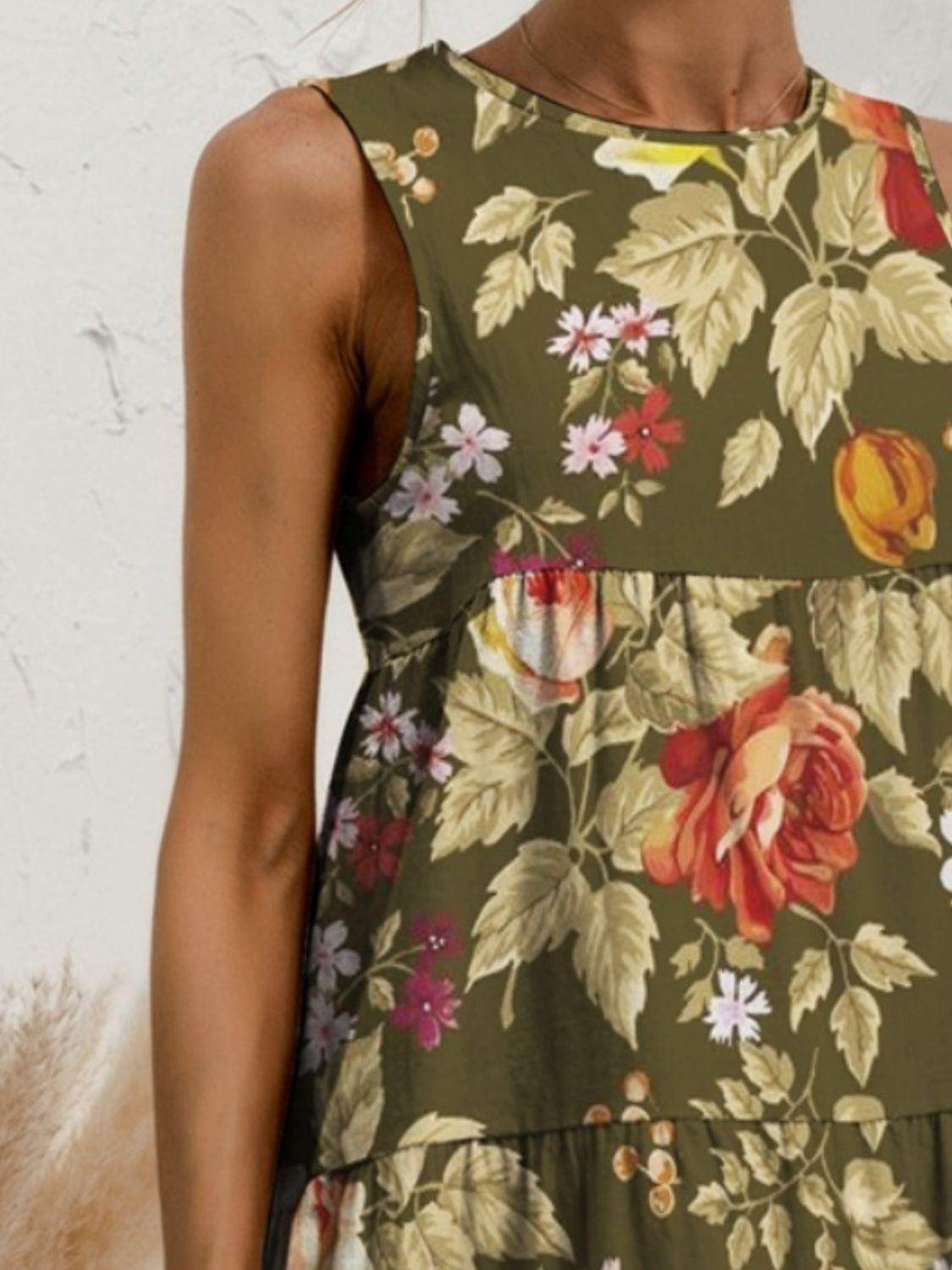 FAM-FAM Tiered Printed Round Neck Sleeveless Dress - StyleLure