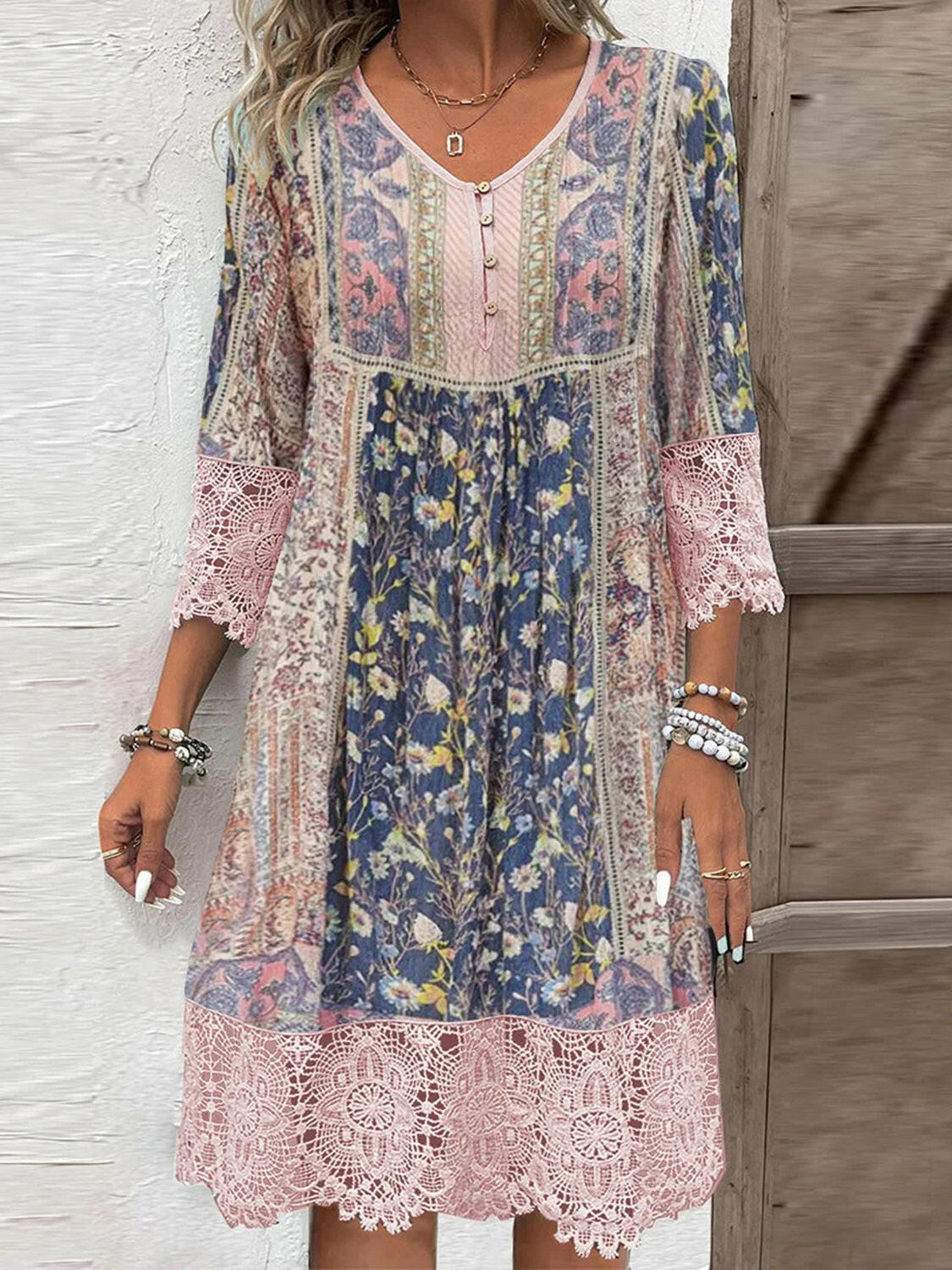 Full Size Lace Detail Printed Three-Quarter Sleeve Dress - StyleLure