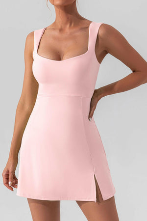 Square Neck Sleeveless Slit Mini Active Dress - StyleLure