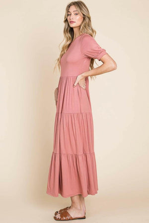 BOMBOM Short Sleeve Tiered Maxi Dress - StyleLure
