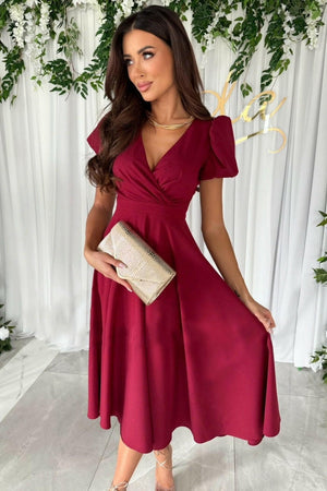 Surplice Puff Sleeve Midi Dress - StyleLure