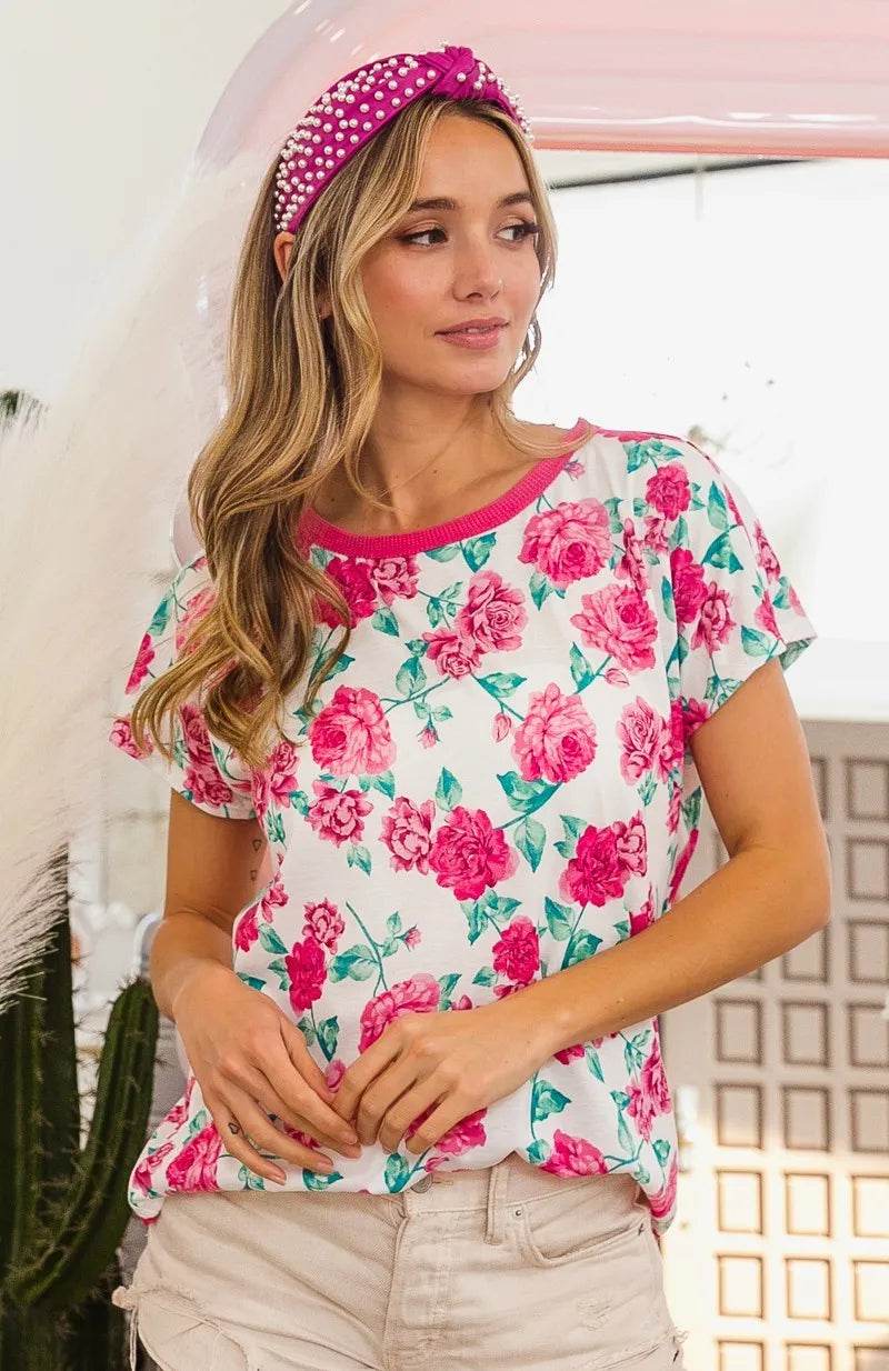 BiBi Rose Print Thermal Neck Binding Dolman Sleeves Top - StyleLure