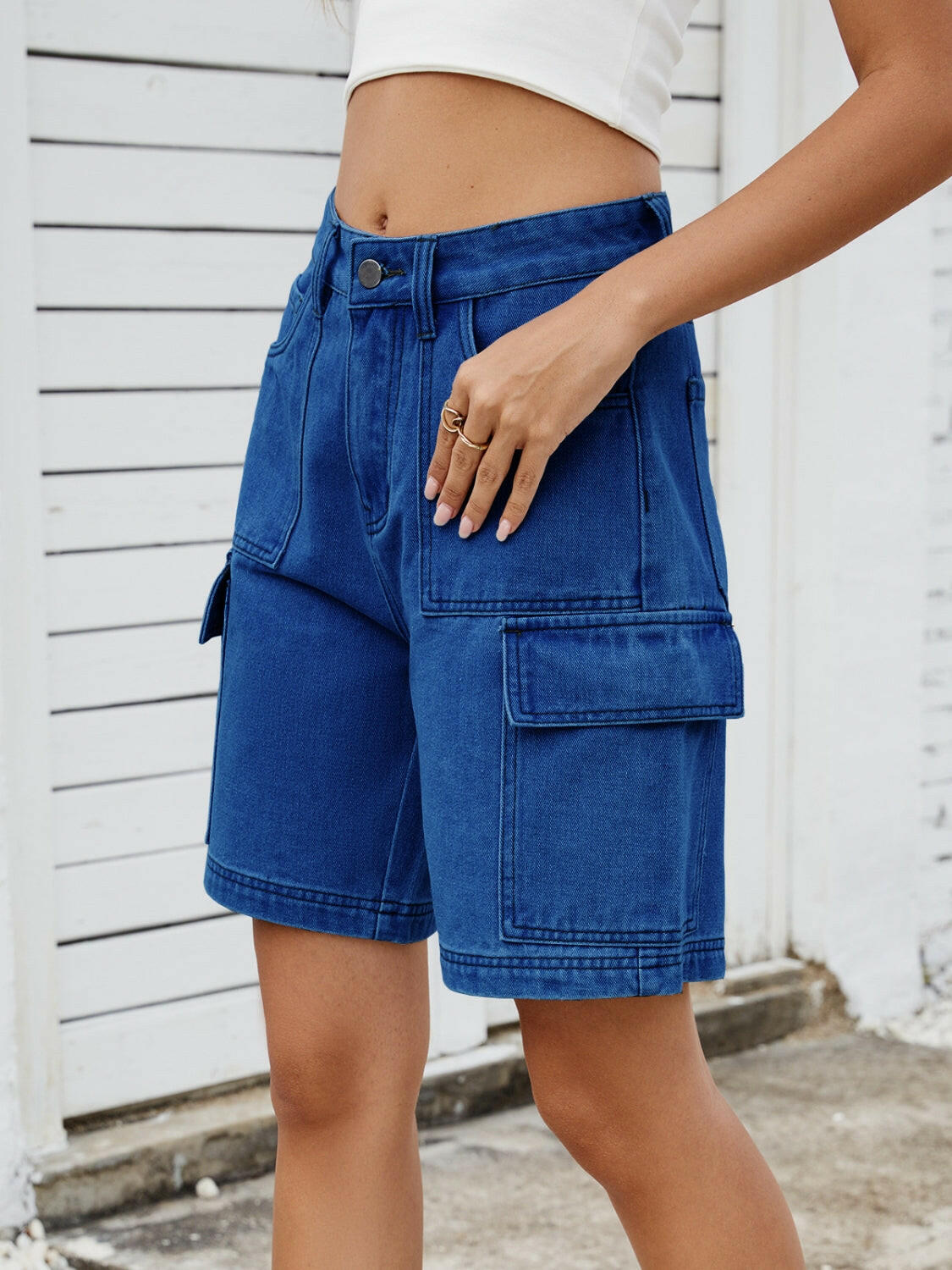 High Waist Denim Shorts with Cargo Pockets - StyleLure