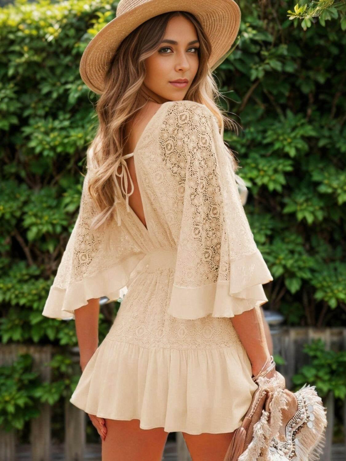 Ruffle Hem Tie Back Lace Mini Dress - StyleLure