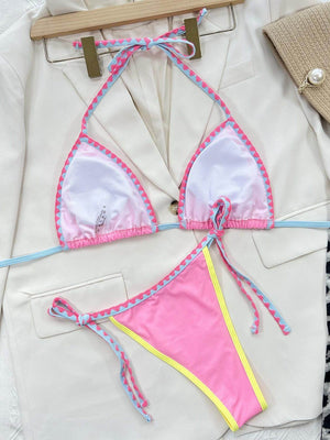 Contrast Trim Halter Neck Bikini Set - StyleLure