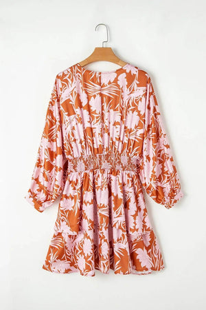 Smocked Printed Long Sleeve Mini Dress - StyleLure