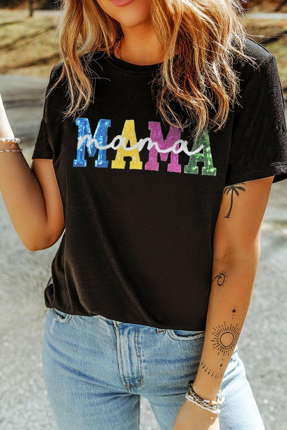 Sequin MAMA Round Neck Short Sleeve T-Shirt - StyleLure