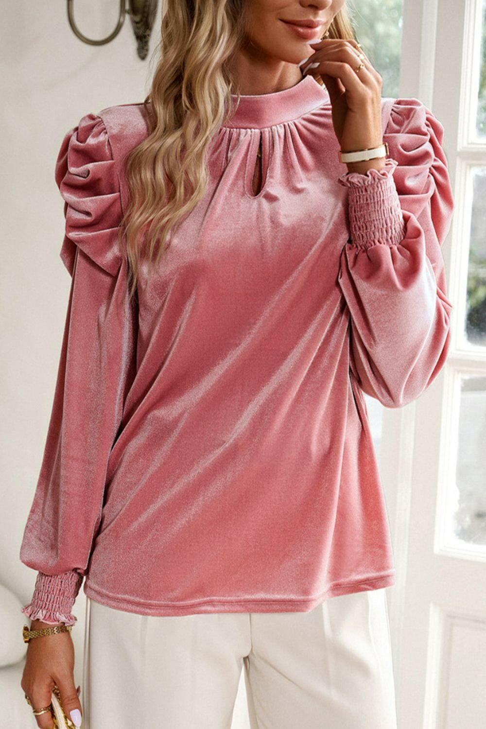 Tie Up Mock Neck Velvet Fabric Long Sleeve Blouse - StyleLure