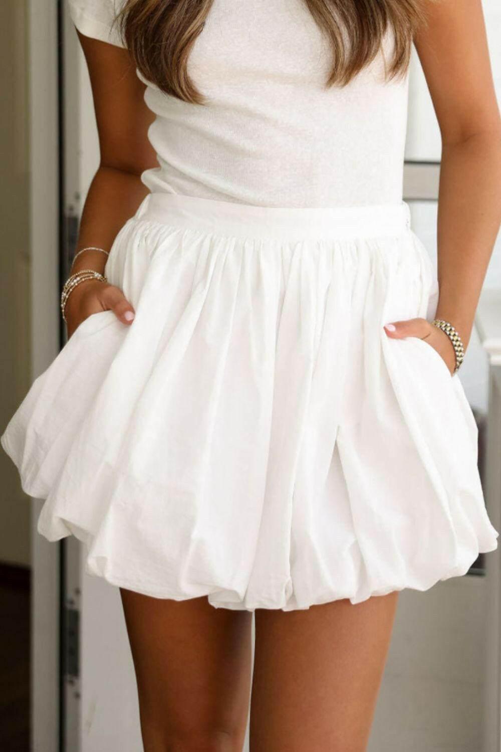 White bubble mini skirt with pockets, basic style, 100% cotton, opaque, partially lined, casual wear