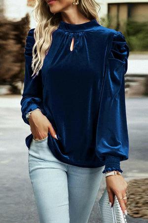 Tie Up Mock Neck Velvet Fabric Long Sleeve Blouse - StyleLure