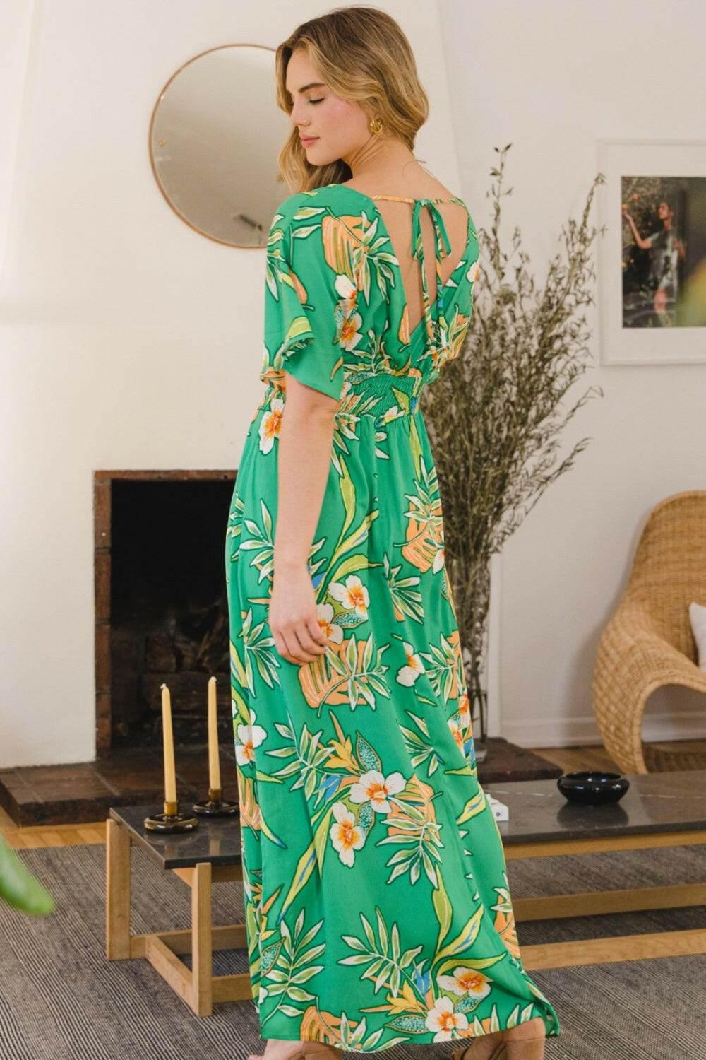 ODDI Full Size Floral Smocked Tied Back Maxi Dress - StyleLure