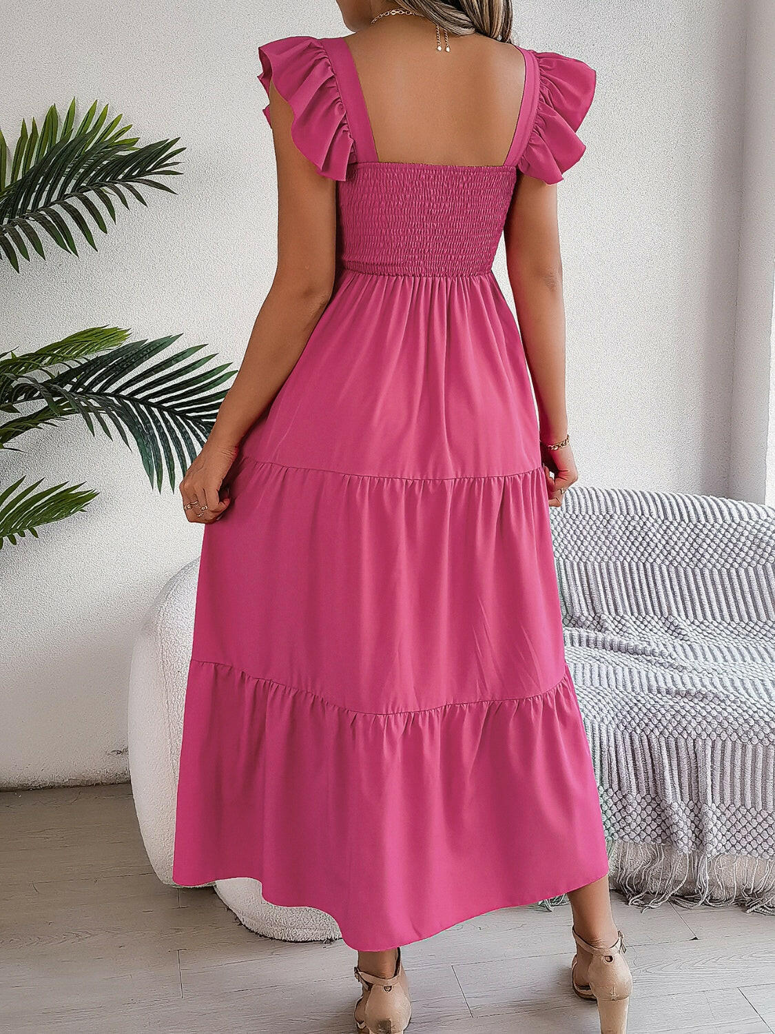 Smocked Square Neck Cap Sleeve Midi Dress - StyleLure