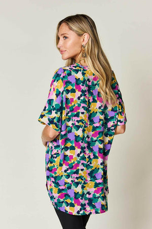 Double Take Full Size Printed V-Neck Short Sleeve Side Slit Top - StyleLure