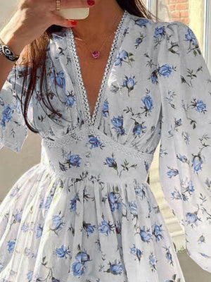 Lace Detail V-Neck Balloon Sleeve Dress - StyleLure