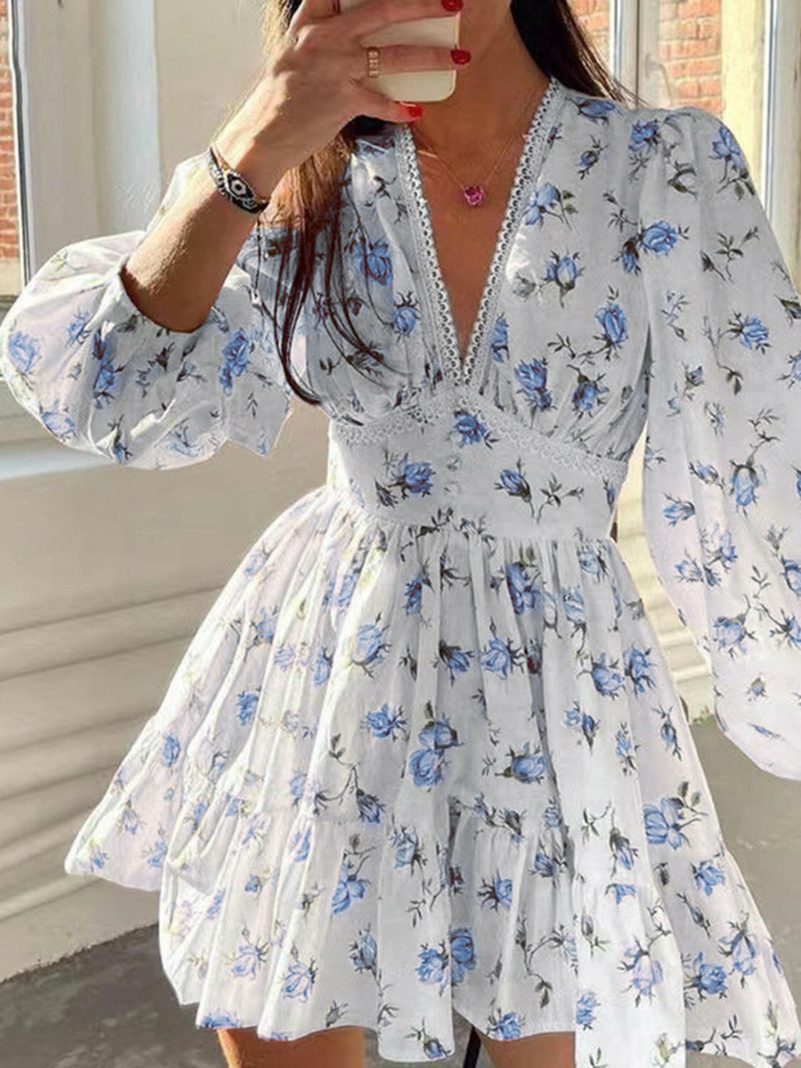 Lace Detail V-Neck Balloon Sleeve Dress - StyleLure