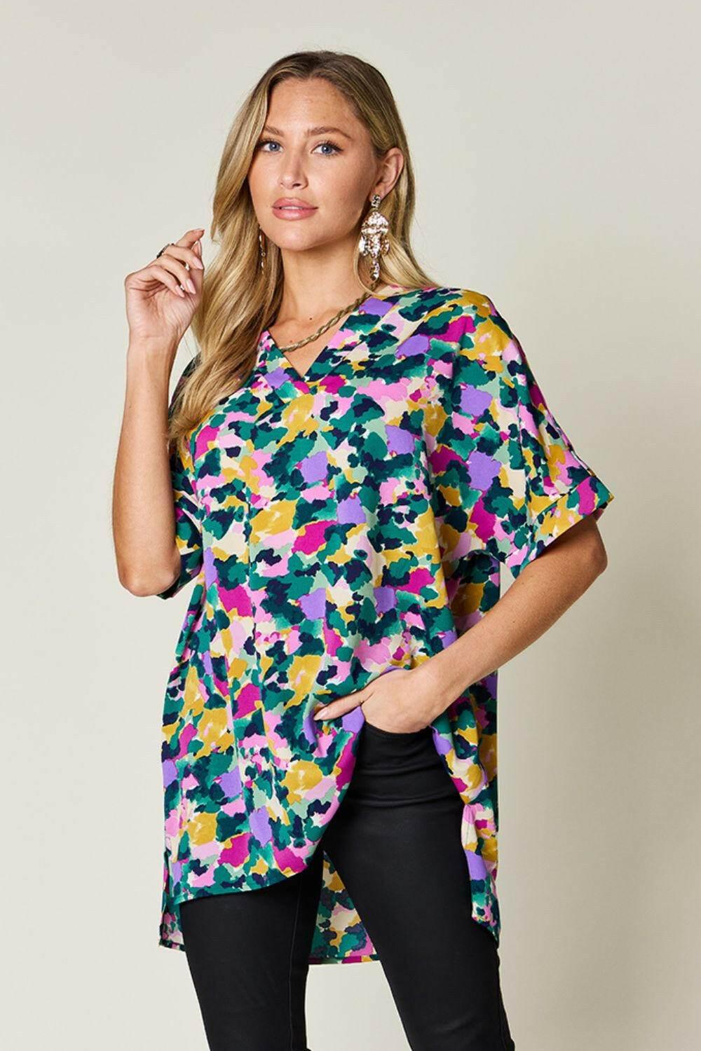 Double Take Full Size Printed V-Neck Short Sleeve Side Slit Top - StyleLure