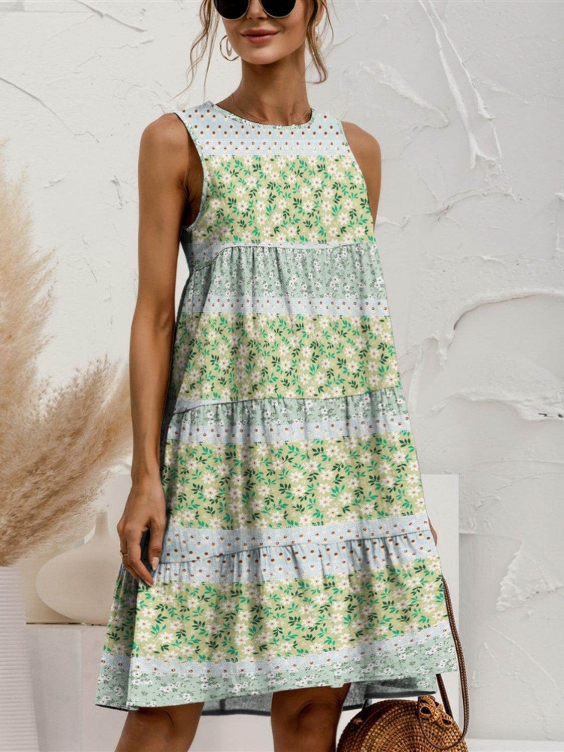 FAM-FAM Tiered Printed Round Neck Sleeveless Dress - StyleLure