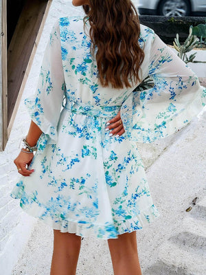 Devine Ruffled Printed Surplice Half Sleeve Mini Dress - StyleLure
