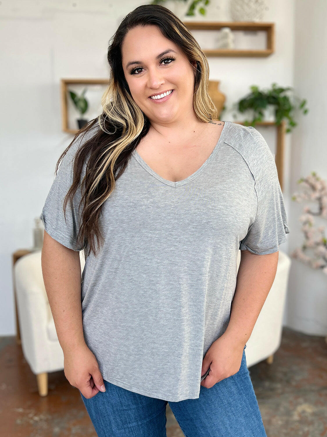 Basic Bae Full Size Bamboo Slit V-Neck Short Sleeve T-Shirt - StyleLure