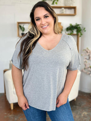 Basic Bae Full Size Bamboo Slit V-Neck Short Sleeve T-Shirt - StyleLure