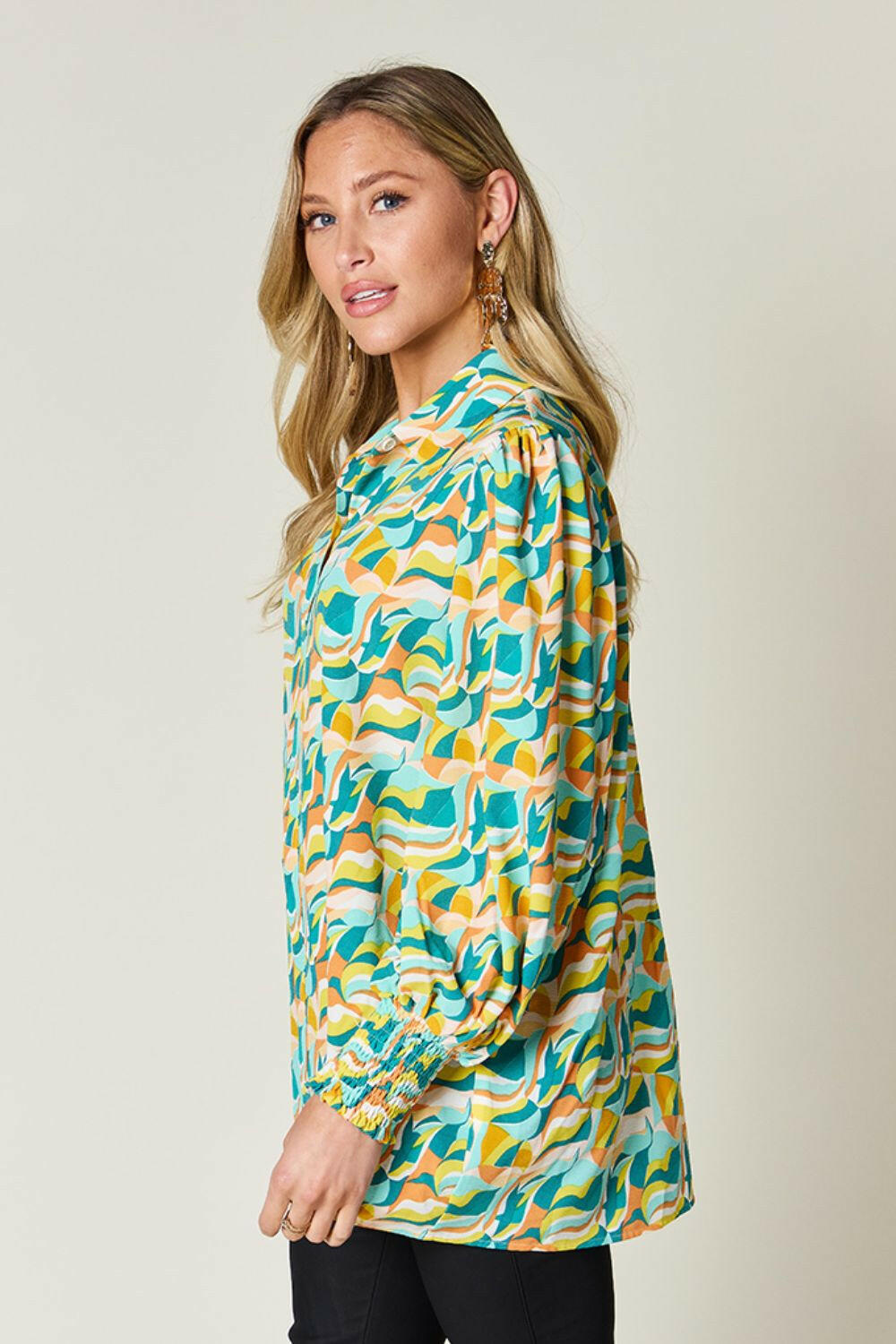 Double Take Full Size Printed Smocked Long Sleeve Blouse - StyleLure