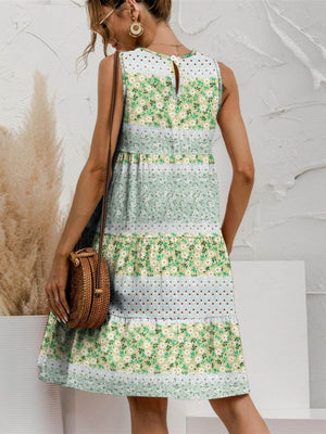 FAM-FAM Tiered Printed Round Neck Sleeveless Dress - StyleLure