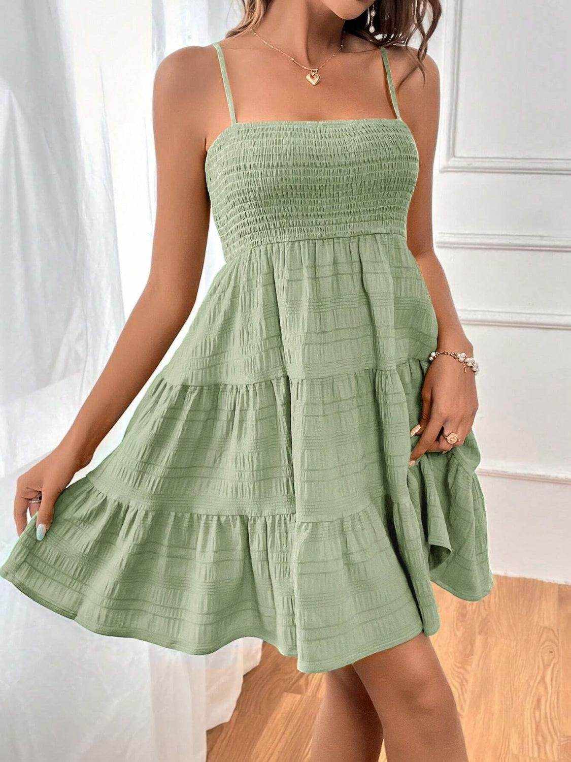 Smocked Tiered Sleeveless Mini Dress - StyleLure