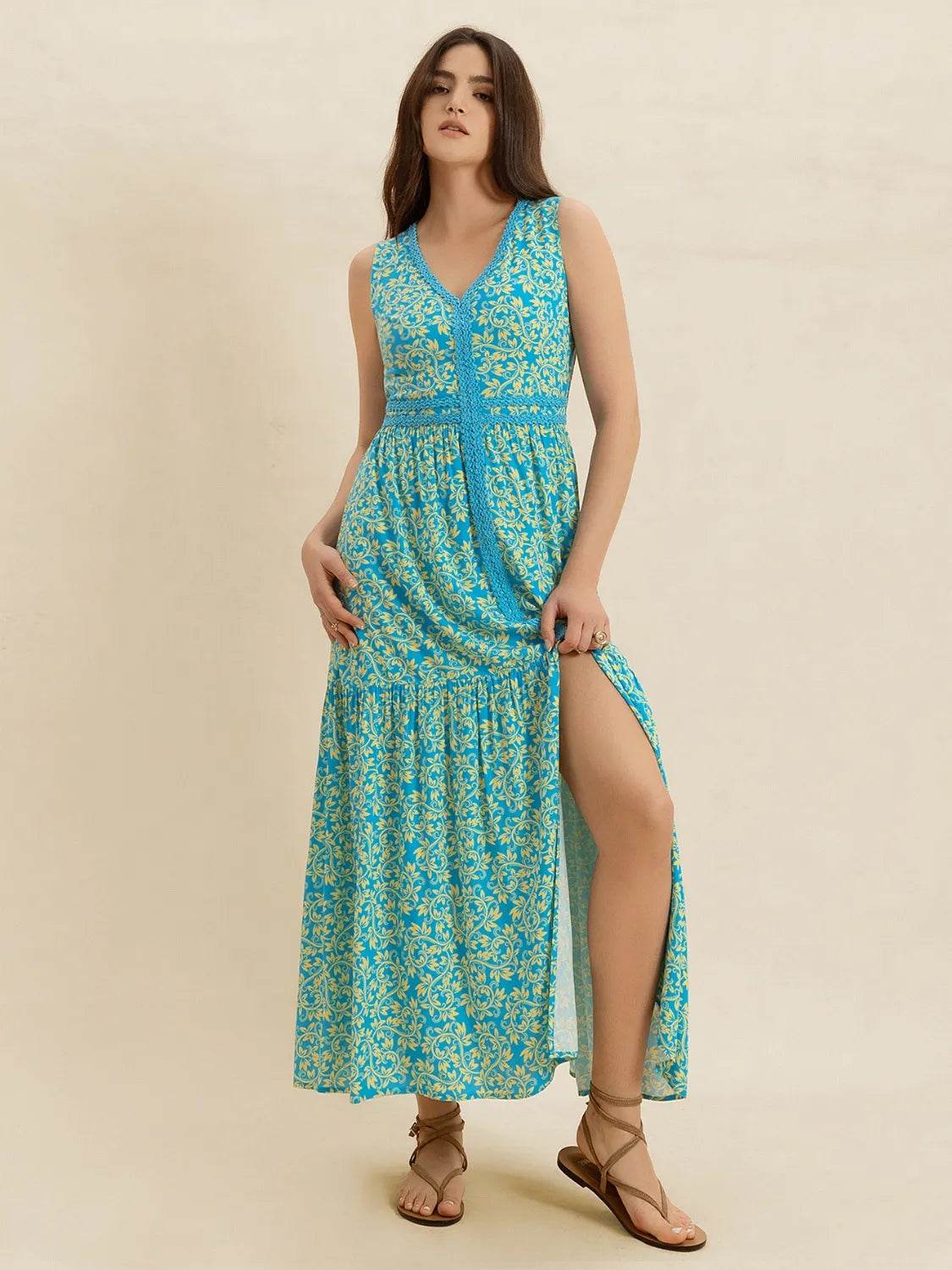 Slit Printed V-Neck Sleeveless Dress - StyleLure