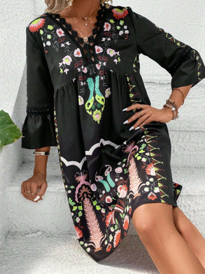 Lace Detail Printed Three-Quarter Sleeve Dress - StyleLure