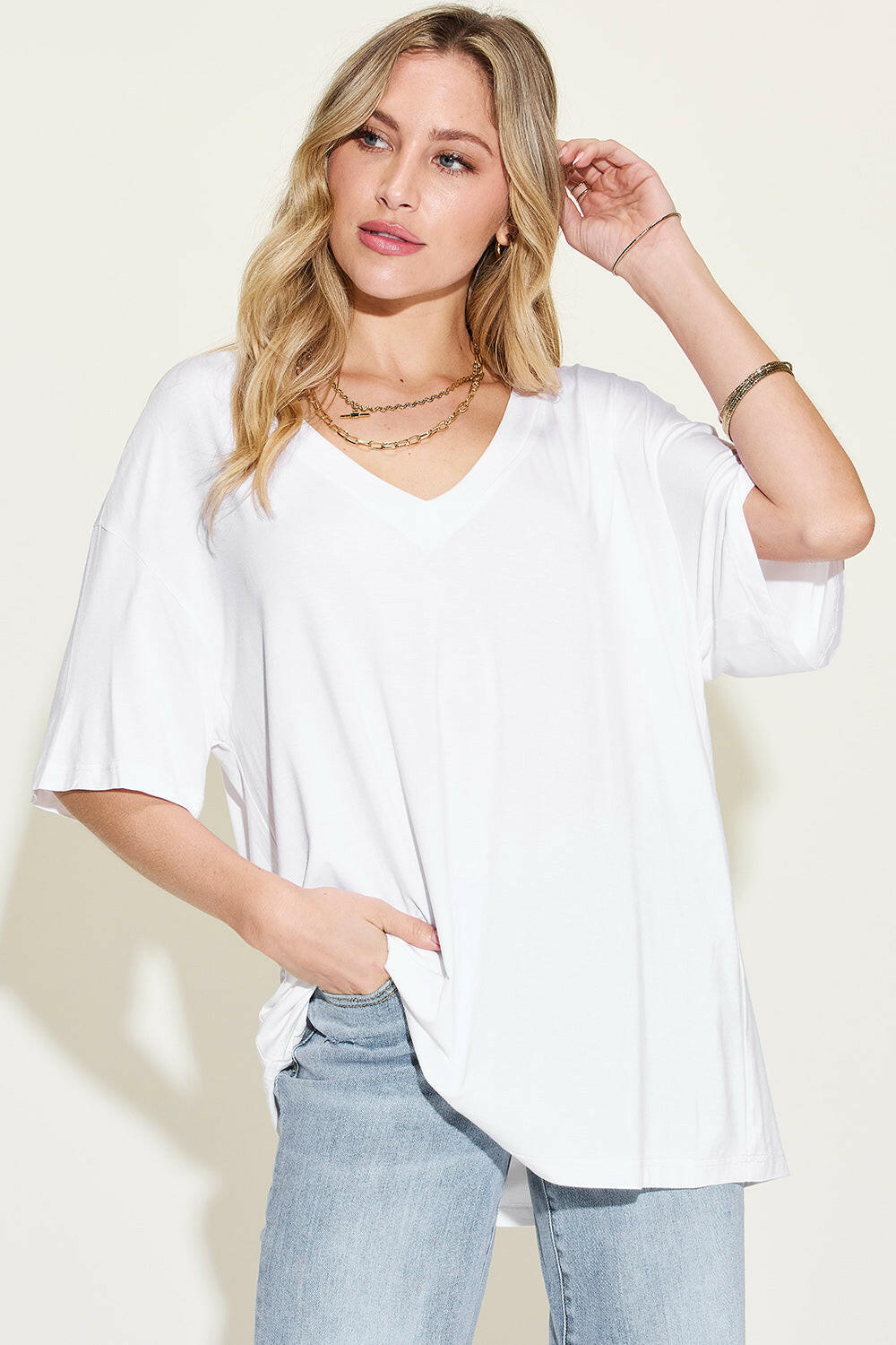 Basic Bae Full Size Bamboo V-Neck Drop Shoulder T-Shirt - StyleLure