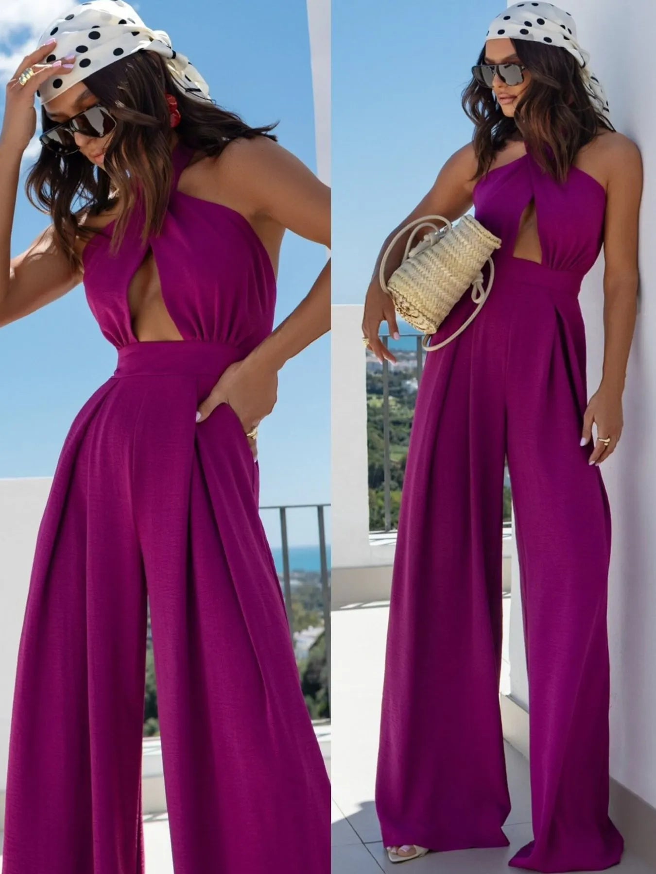 Woman wearing a purple wide leg cutout halter neck jumpsuit with crisscross and tied back details.