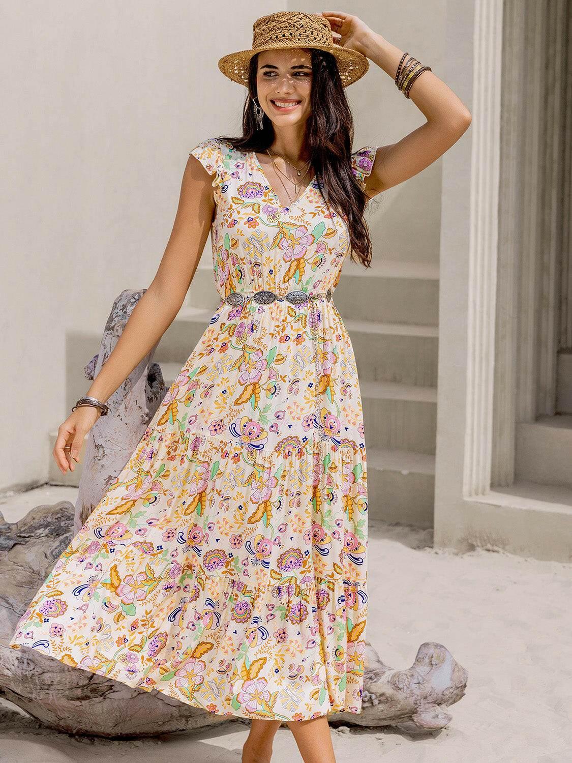 Ruched Printed Cap Sleeve Midi Dress - StyleLure