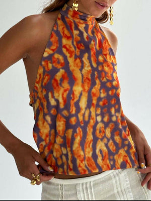 Backless Printed Halter Neck Tank - StyleLure