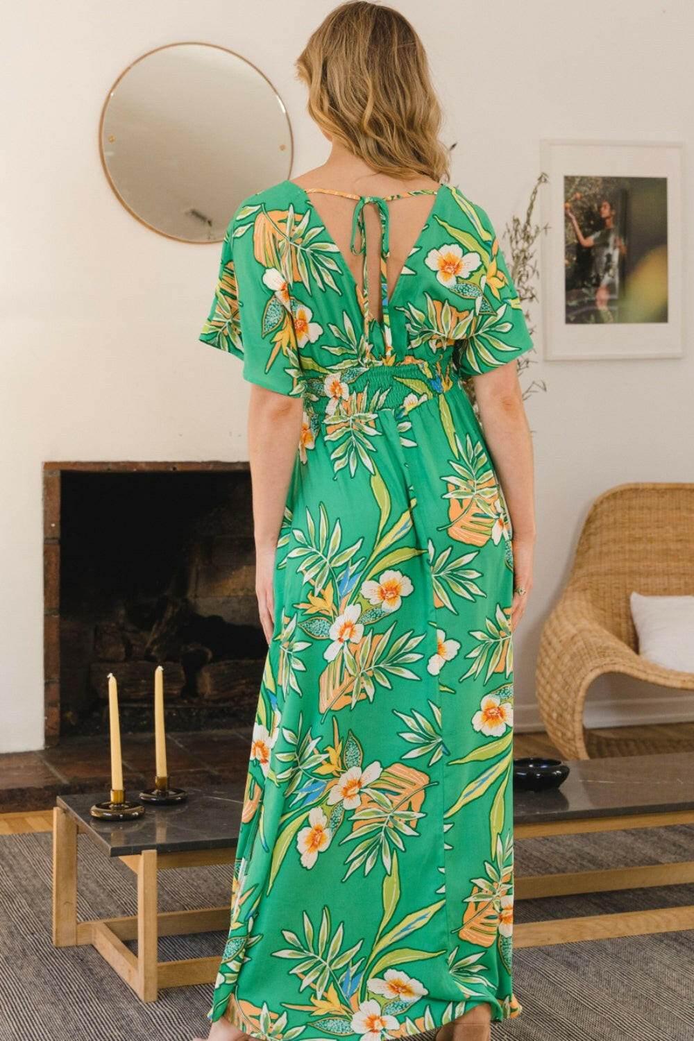 ODDI Full Size Floral Smocked Tied Back Maxi Dress - StyleLure