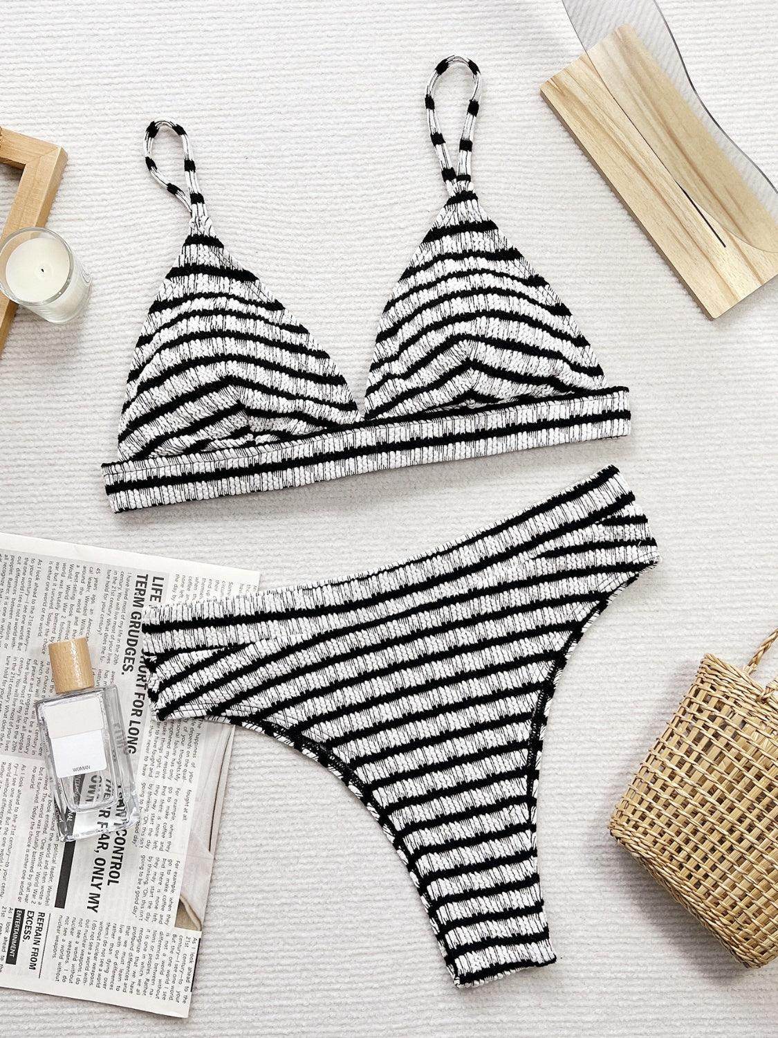 Striped V-Neck Two-Piece Swim Set - StyleLure