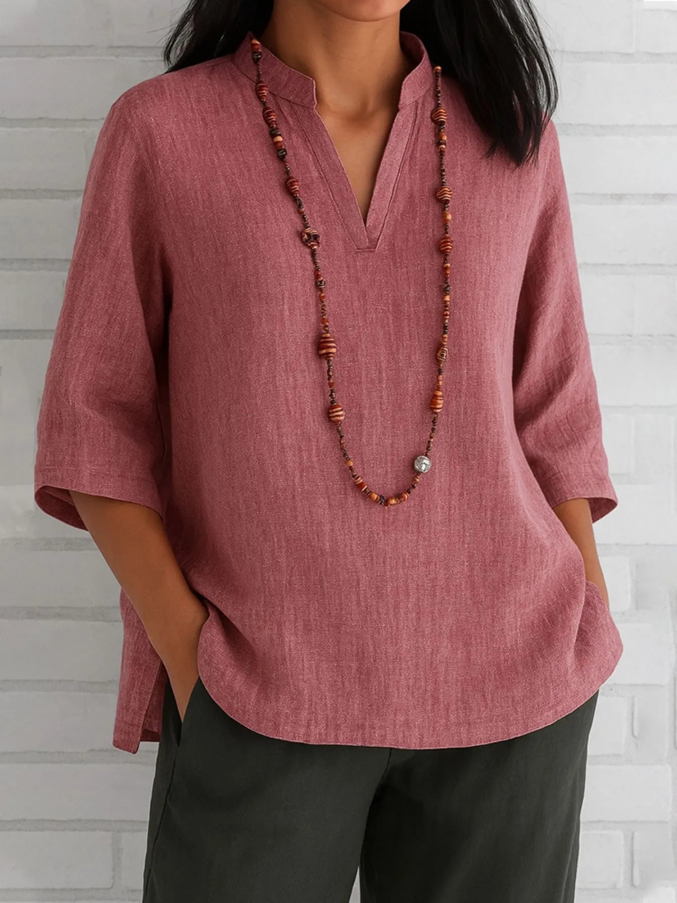 Plus size mauve notched three-quarter sleeves blouse with v-neck and basic style