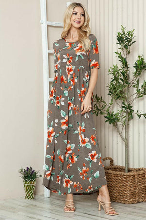 BOMBOM Floral Round Neck Short Sleeve Maxi Tee Dress - StyleLure