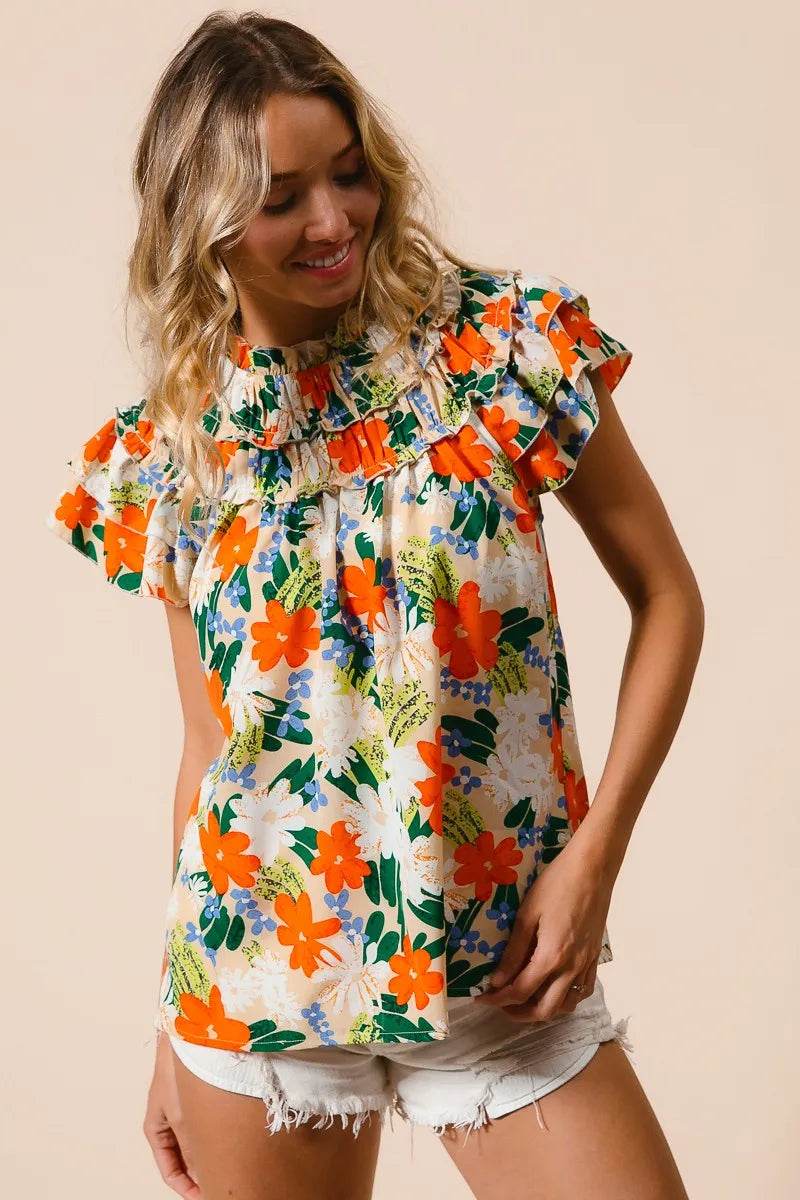 BiBi Multi Color Floral Print Woven Top - StyleLure