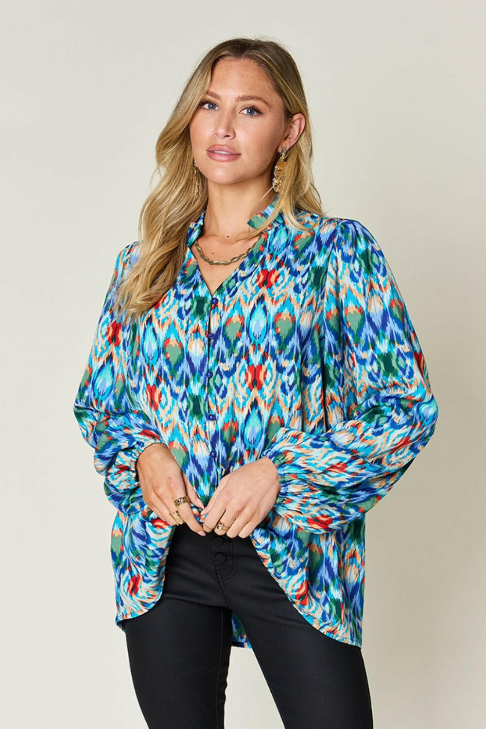 Double Take full size printed balloon sleeve blouse with frill detail and vibrant multicolor pattern