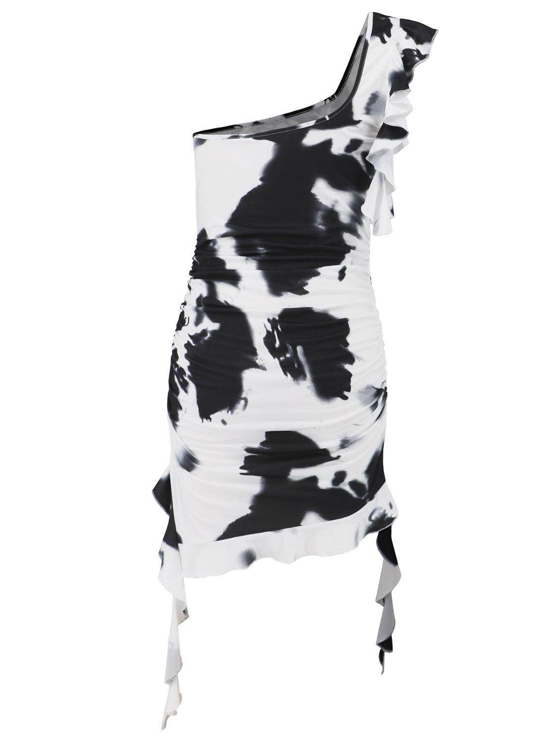 Ruffled Tie-Dye Single Shoulder Mini Dress - StyleLure