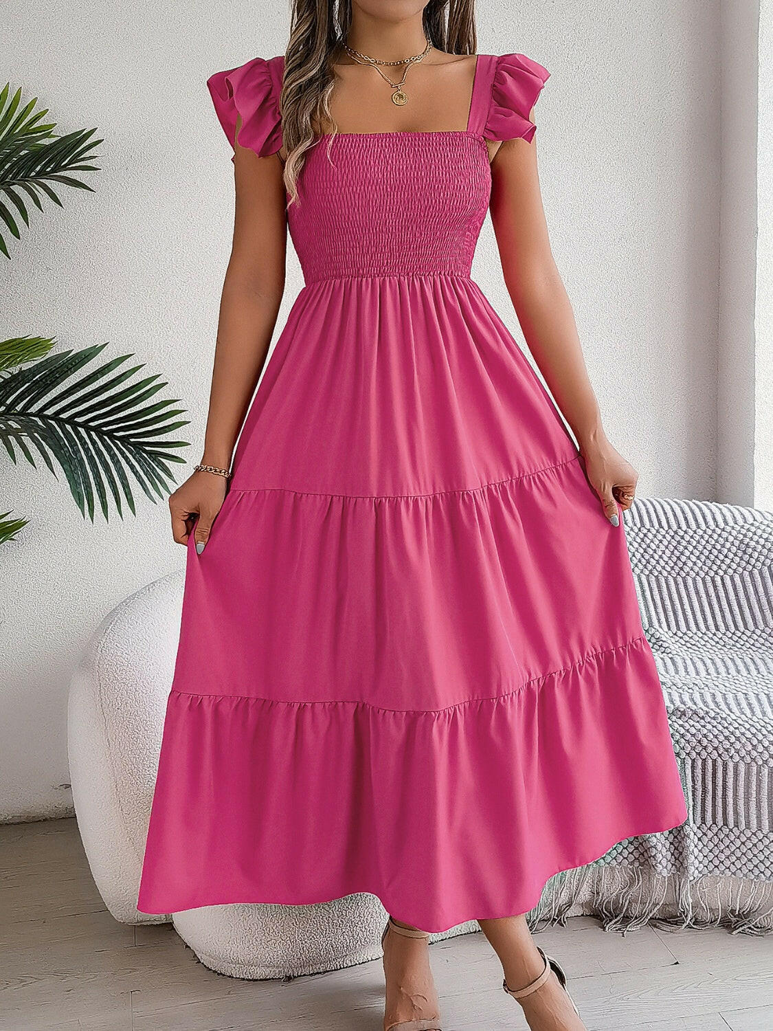 Smocked Square Neck Cap Sleeve Midi Dress - StyleLure