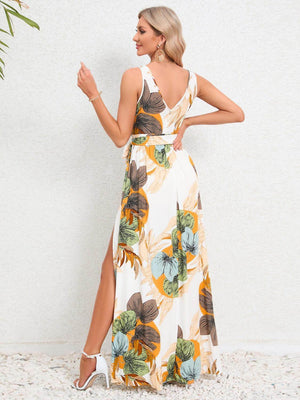 Slit Tied Printed Surplice Dress - StyleLure