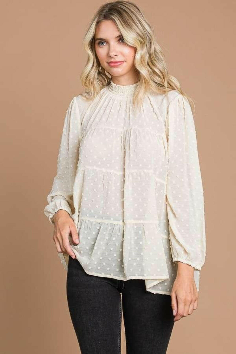 Culture Code Full Size Swiss Dot Smocked Mock Neck Blouse Plus Size - StyleLure