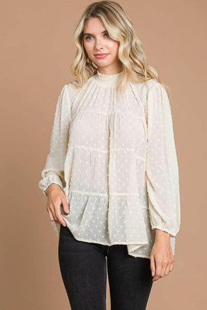 Culture Code Full Size Swiss Dot Smocked Mock Neck Blouse Plus Size - StyleLure