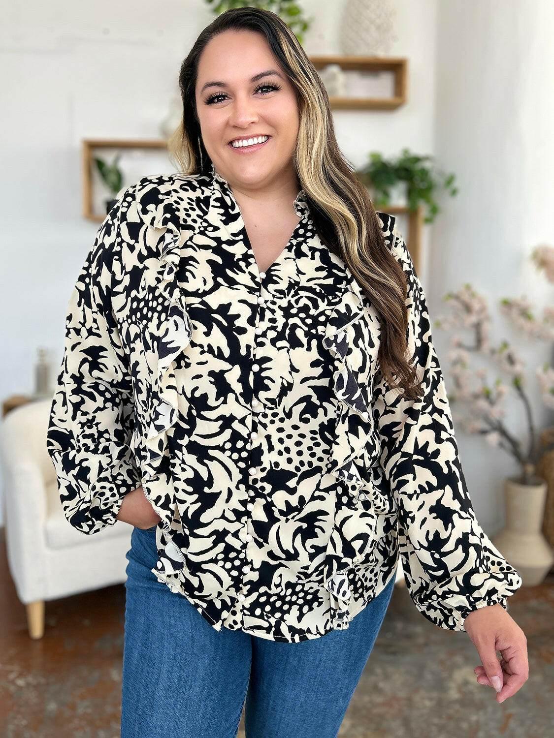 Double Take Full Size Printed Ruffle Trim Balloon Sleeve Shirt - StyleLure