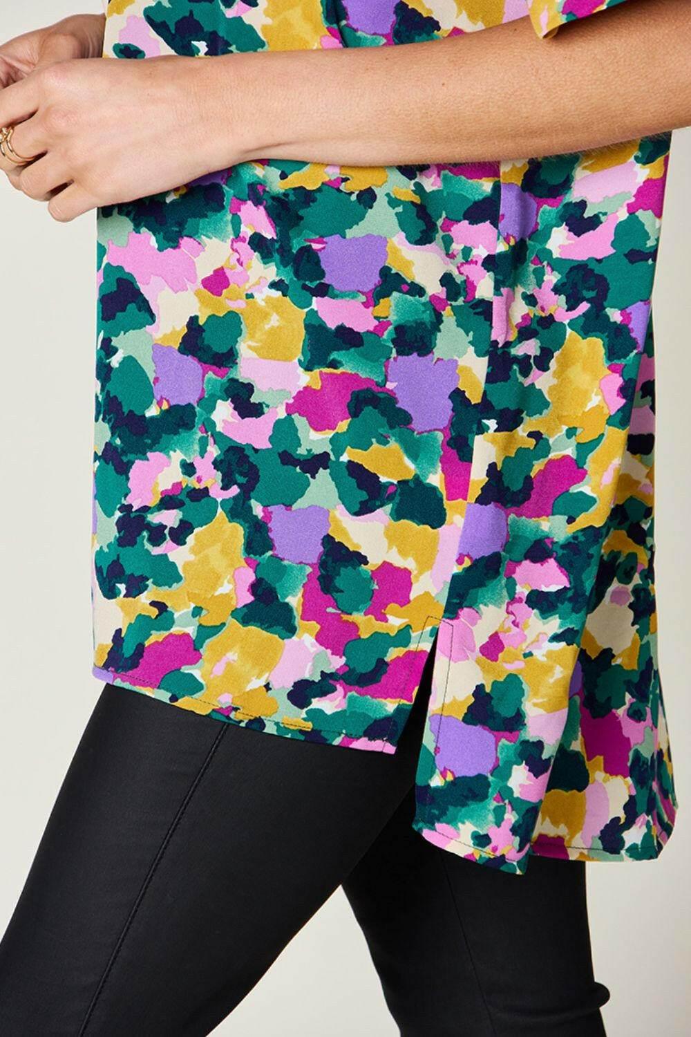 Double Take Full Size Printed V-Neck Short Sleeve Side Slit Top - StyleLure