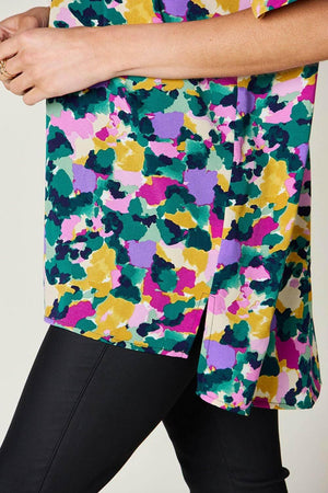 Double Take Full Size Printed V-Neck Short Sleeve Side Slit Top - StyleLure
