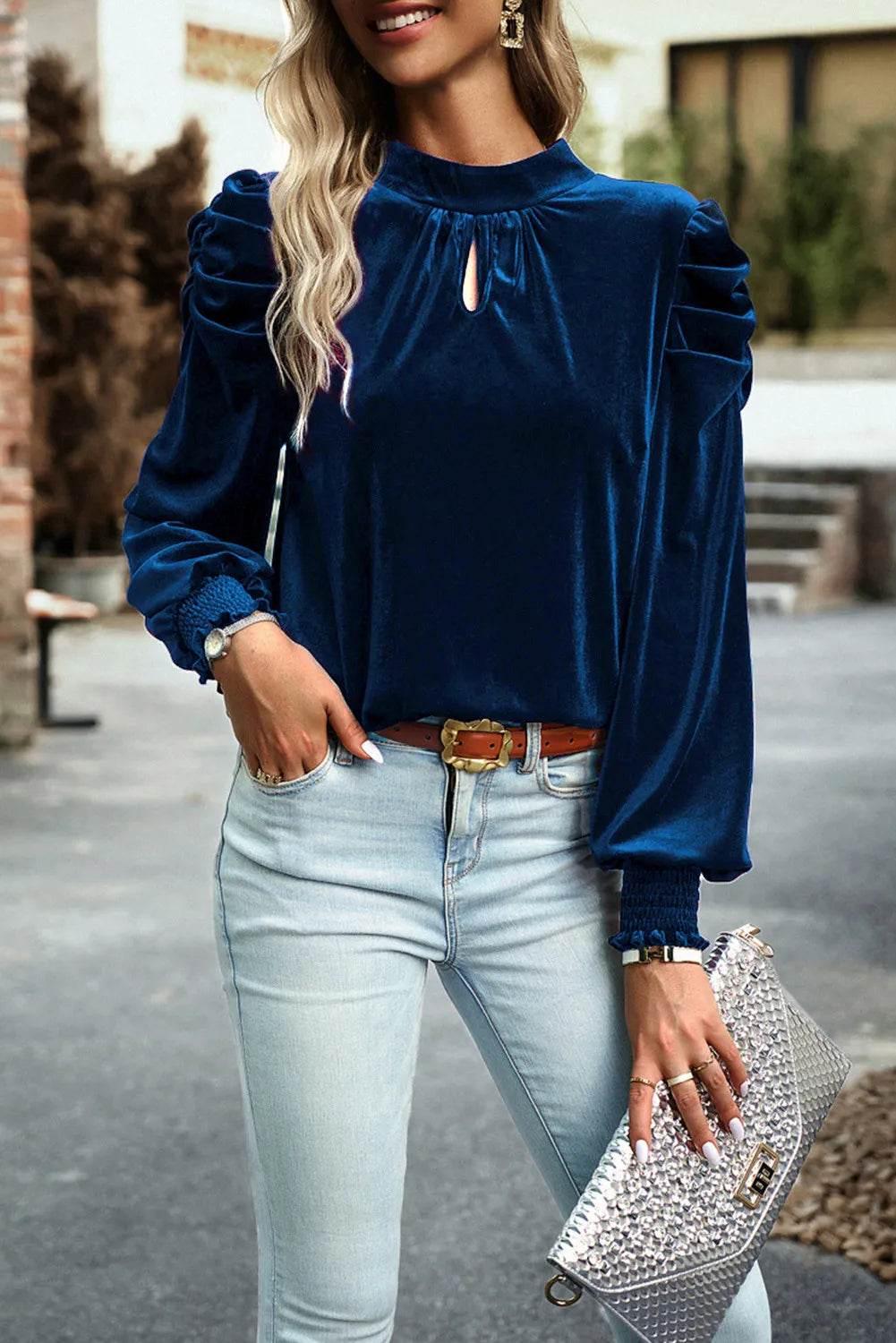 Tie Up Mock Neck Velvet Fabric Long Sleeve Blouse - StyleLure